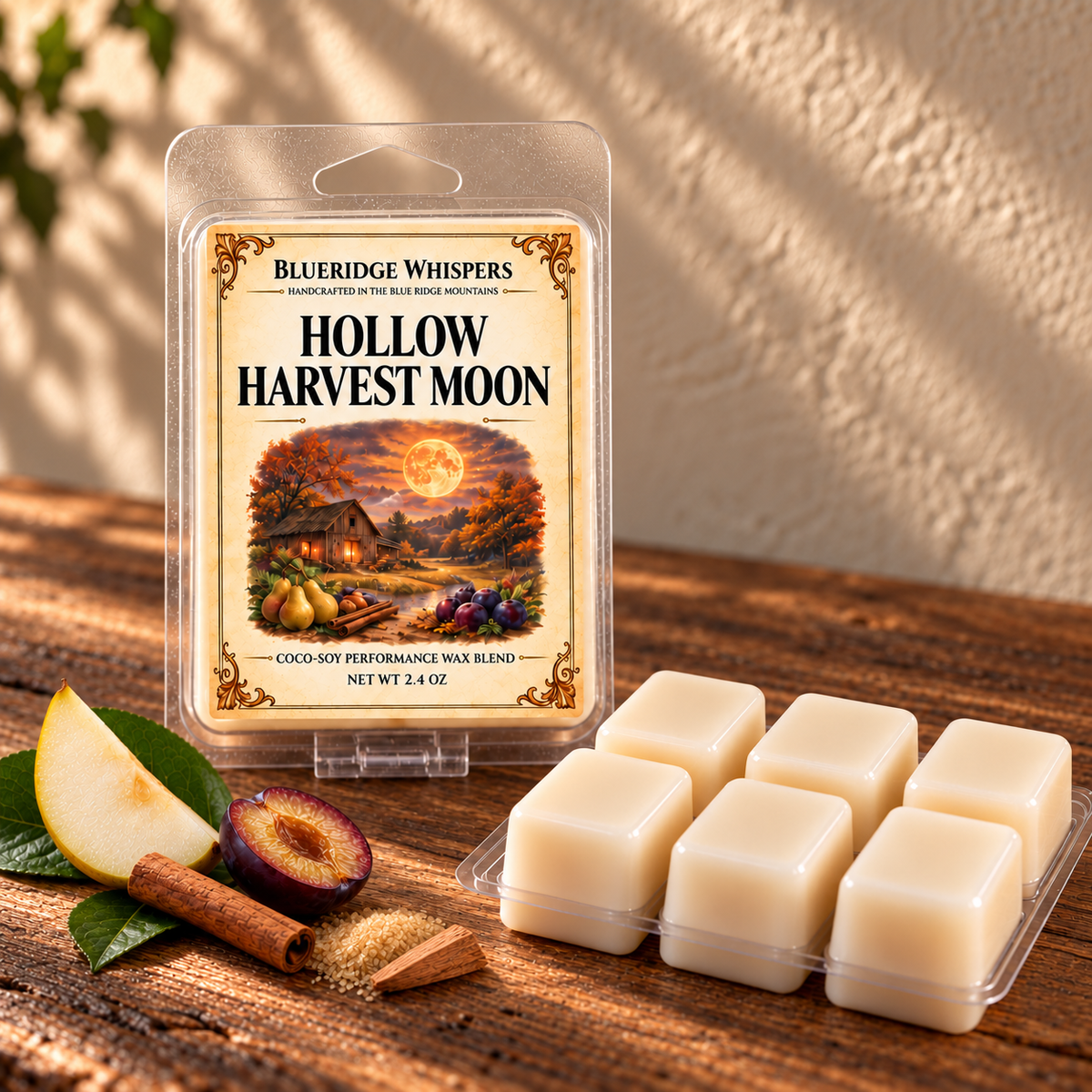 Hollow Harvest Moon on a dark rustic wooden table with scent accents in warm natural light.