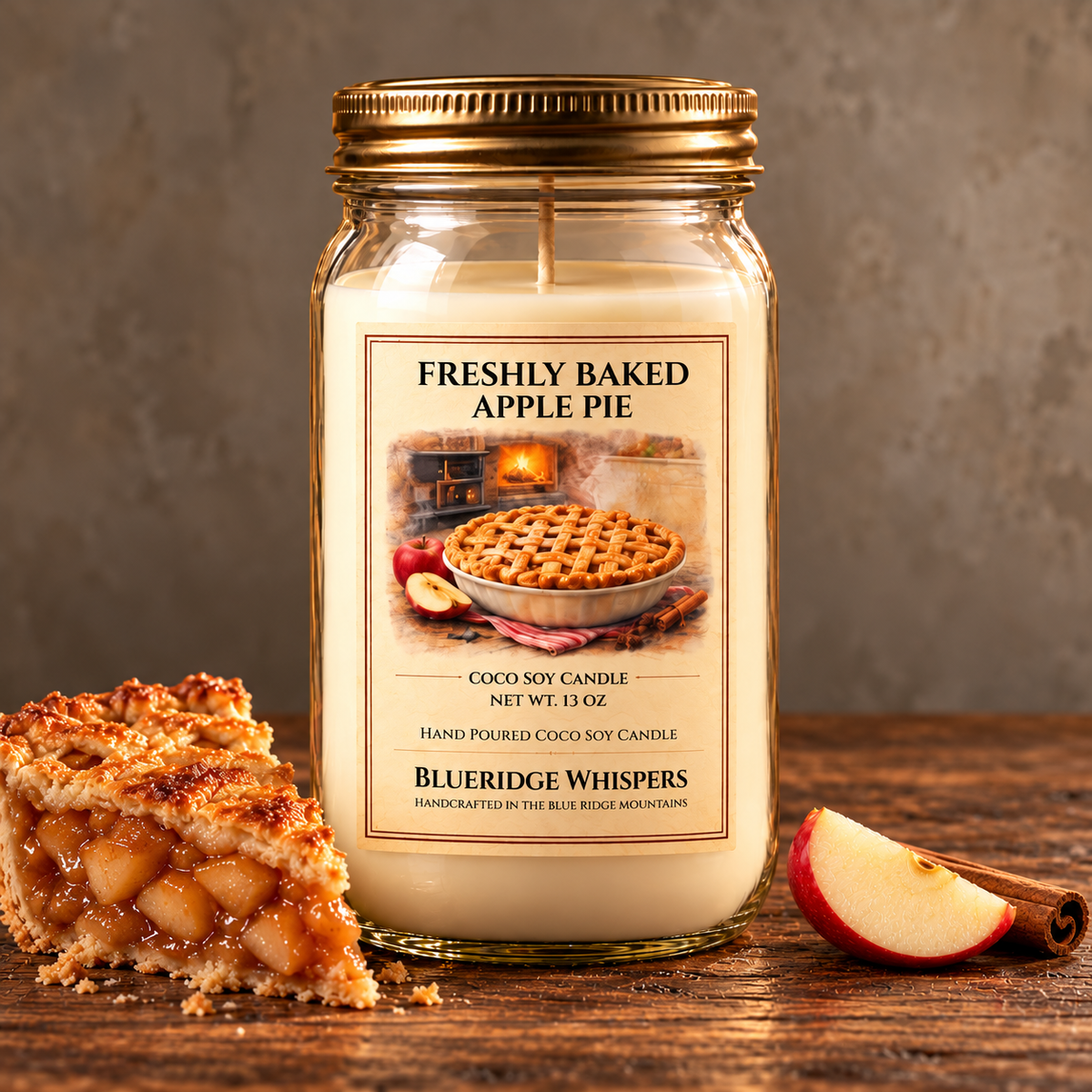 Freshly Baked Apple Pie – Bakery Coco-Soy Candle on weathered wood against a neutral plaster wall with small scent accents.