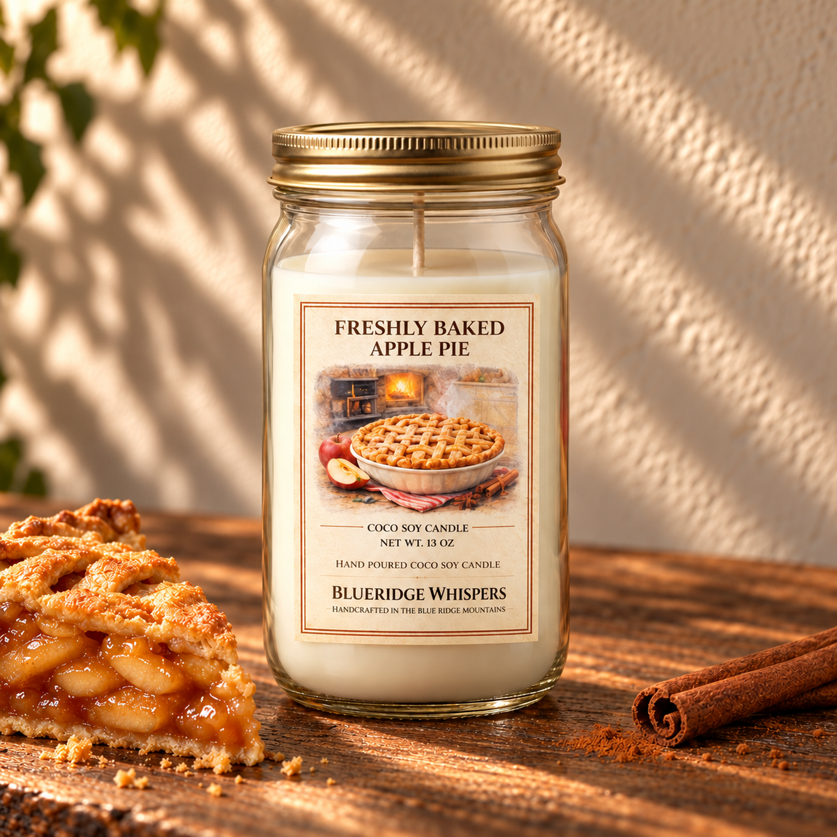Freshly Baked Apple Pie – Bakery Coco-Soy Candle on a dark rustic wooden table with scent accents in warm natural light.