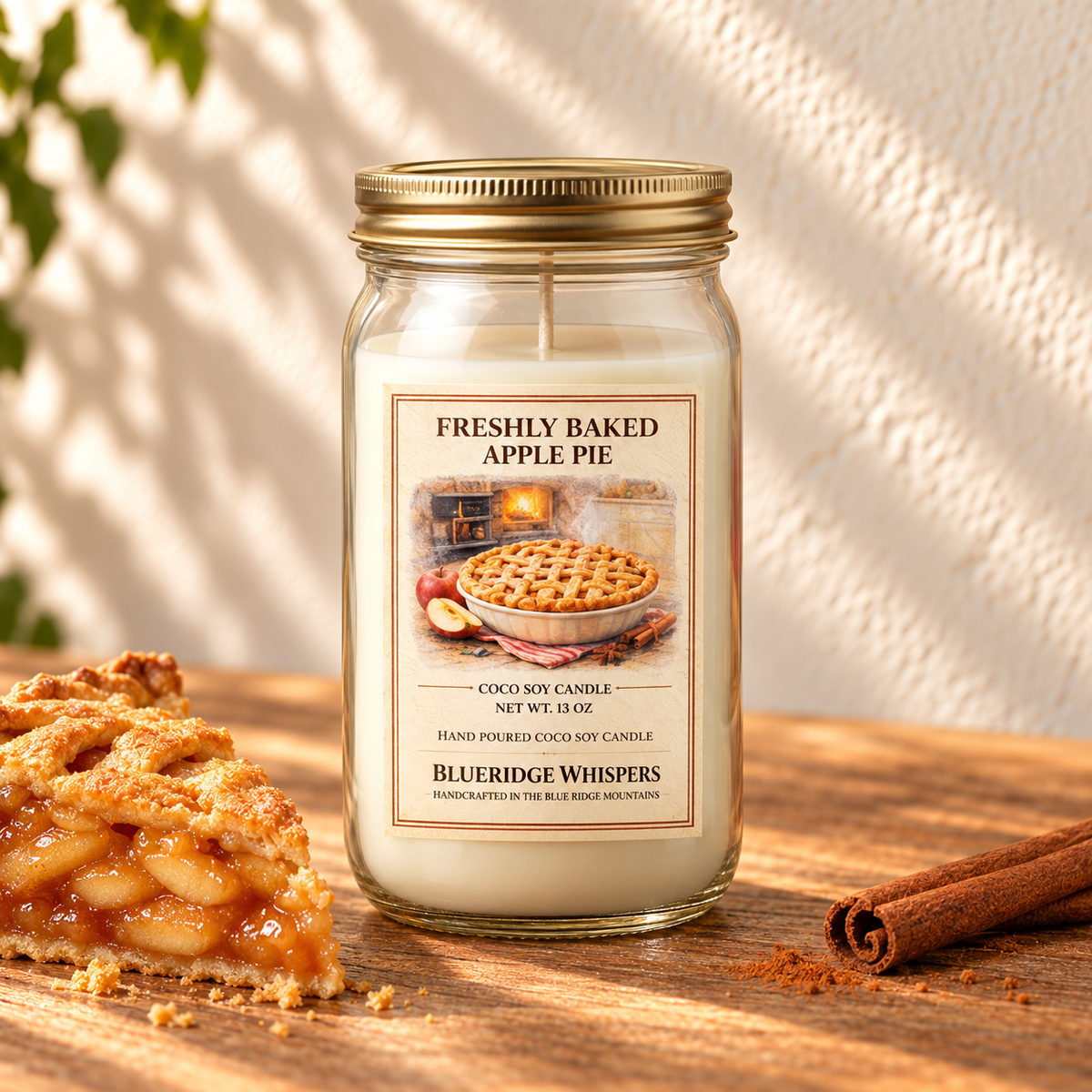 Freshly Baked Apple Pie – Bakery Coco-Soy Candle in a tall gold-lidded mason jar on sunlit wood with scent accents.