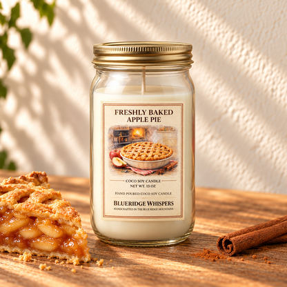 Freshly Baked Apple Pie – Bakery Coco-Soy Candle in a tall gold-lidded mason jar on sunlit wood with scent accents.