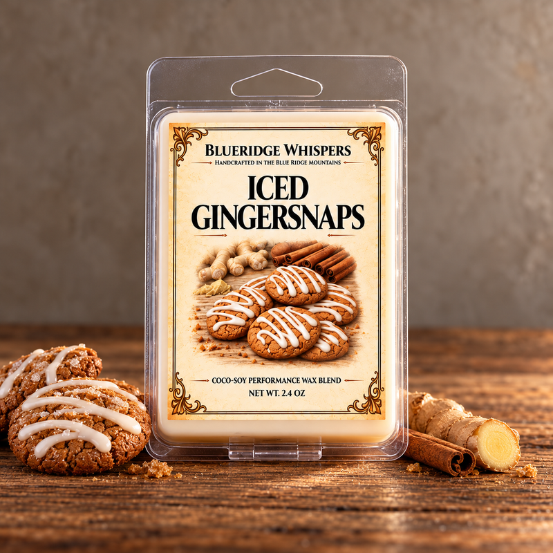Iced Gingersnaps Wax Melts on weathered wood against a neutral plaster wall with scent accents.