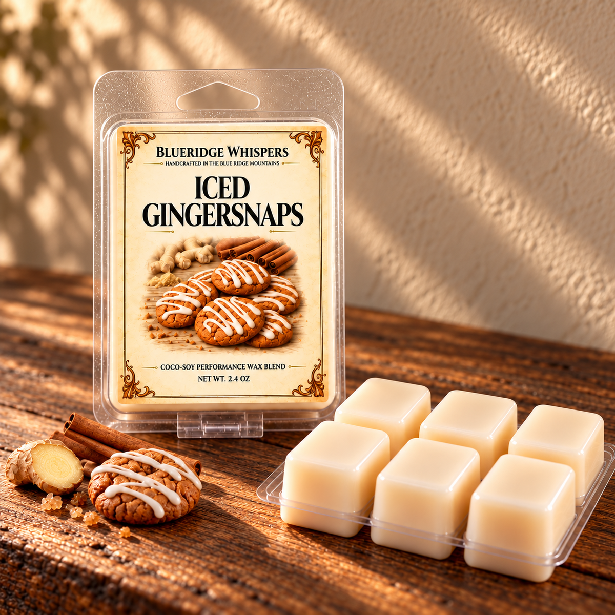 Iced Gingersnaps on a dark rustic wooden table with scent accents in warm natural light.