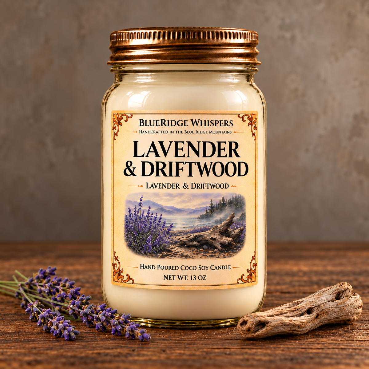 Lavender Driftwood – Calming Coco-Soy Candle on weathered wood against a neutral plaster wall with scent accents.