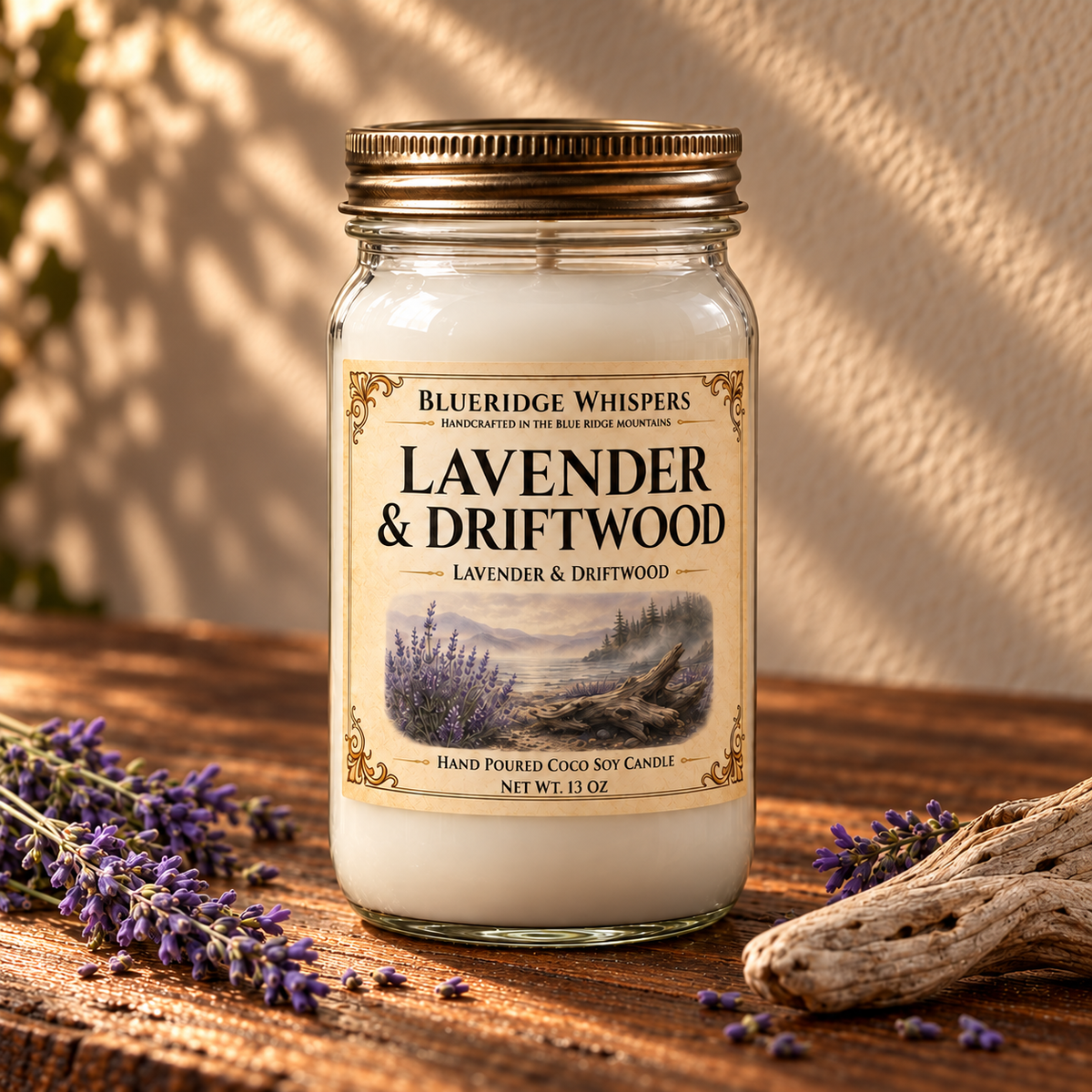 Lavender Driftwood – Calming Coco-Soy Candle on a dark rustic wooden table with scent accents in warm natural light.