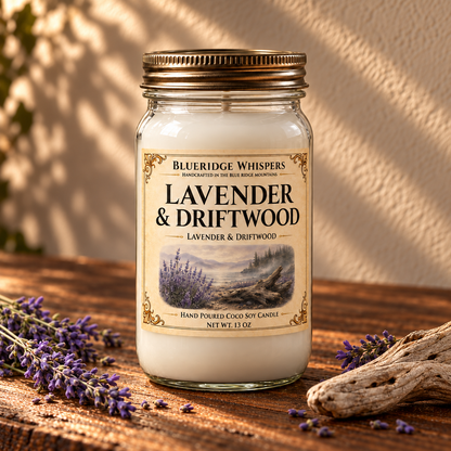 Lavender Driftwood – Calming Coco-Soy Candle on a dark rustic wooden table with scent accents in warm natural light.