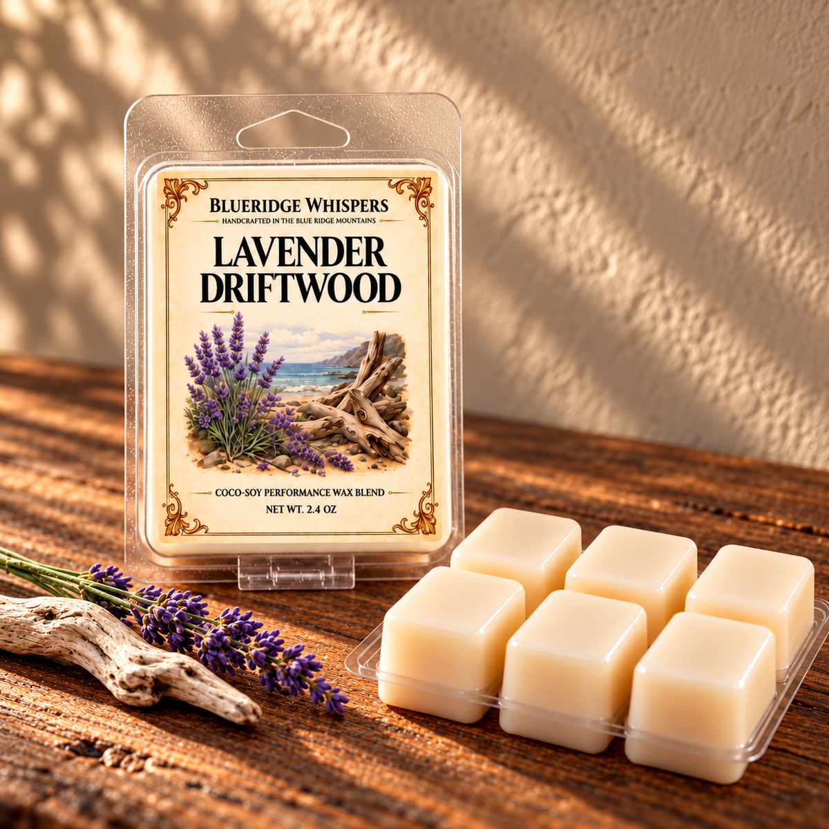 Lavender Driftwood on a dark rustic wooden table with scent accents in warm natural light.