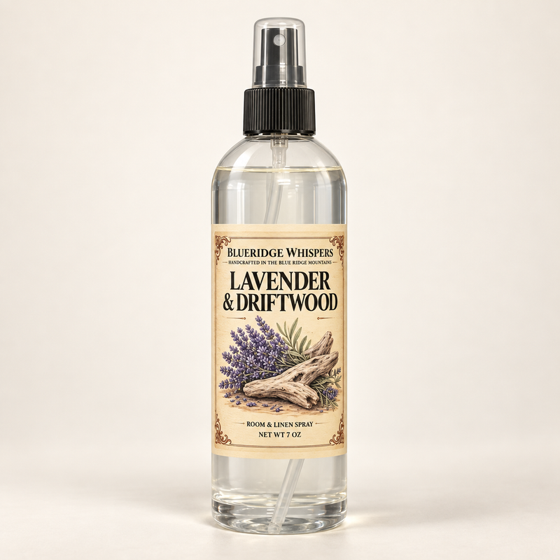 Lavender & Driftwood room and fabric spray by BlueRidge Whispers, net weight 7 oz, clear bottle with black fine-mist sprayer and parchment label.