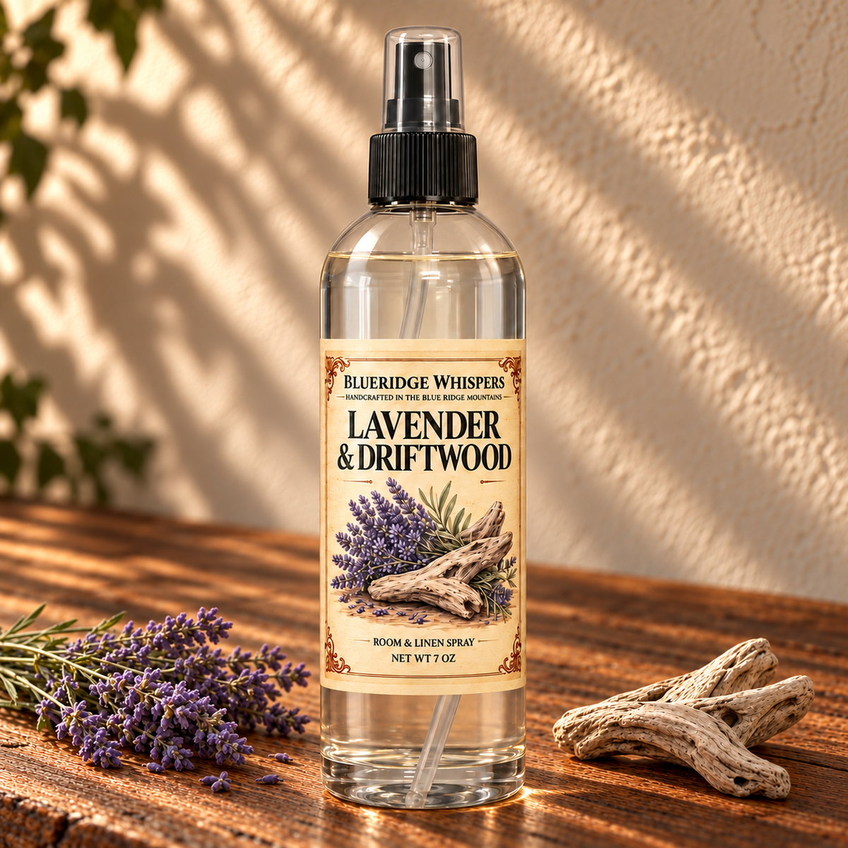 Lavender & Driftwood Room & Fabric Spray on a dark rustic wooden table with scent accents in warm natural light.