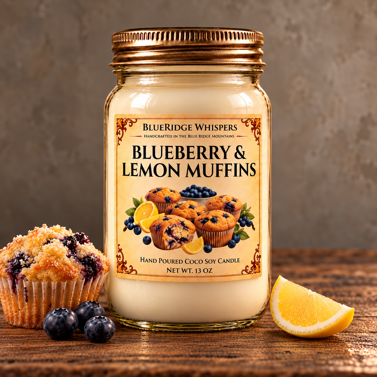 Blueberry & Lemon Muffins – Bakery Coco-Soy Candle on weathered wood against a neutral plaster wall with small scent accents.