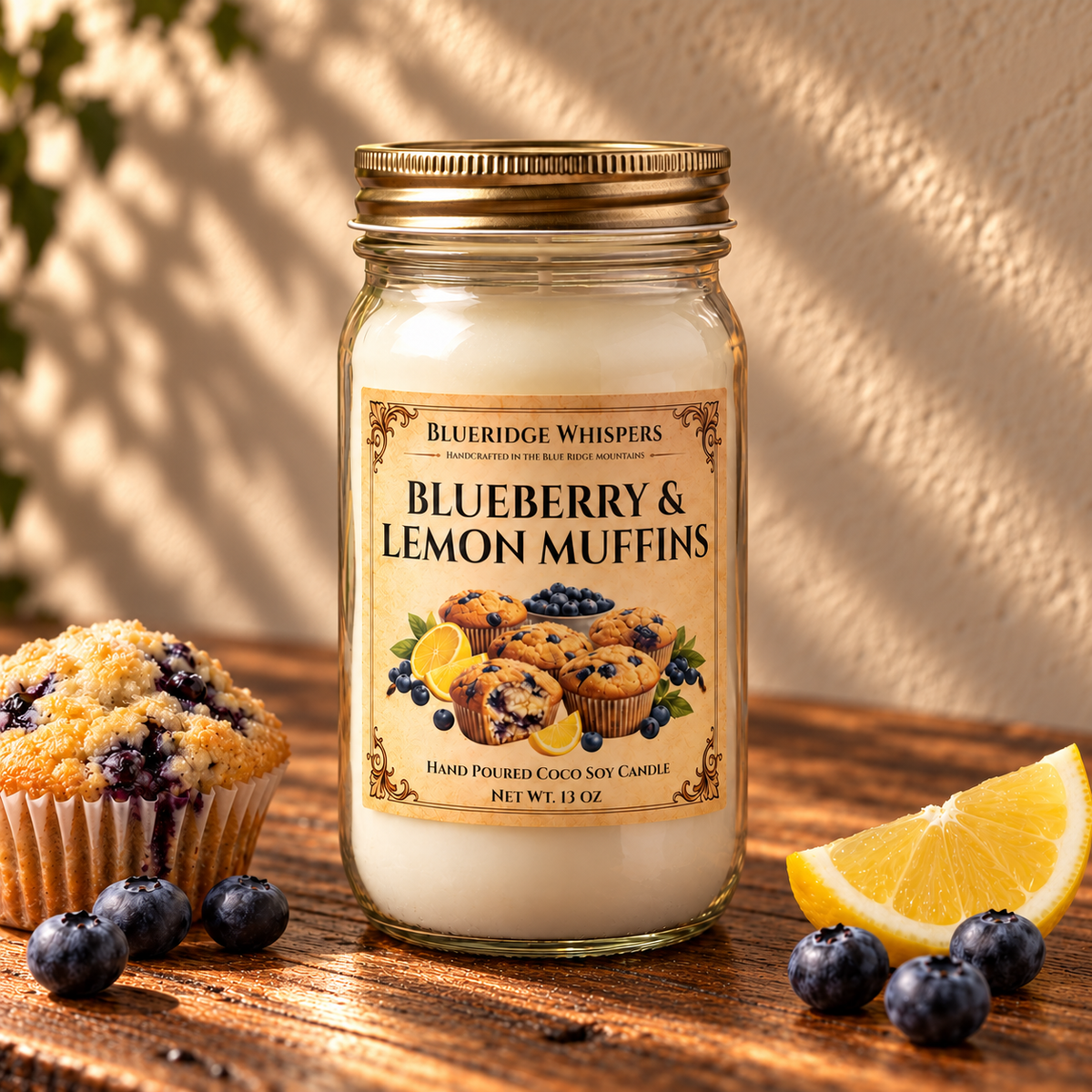 Blueberry & Lemon Muffins – Bakery Coco-Soy Candle on a dark rustic wooden table with scent accents in warm natural light.