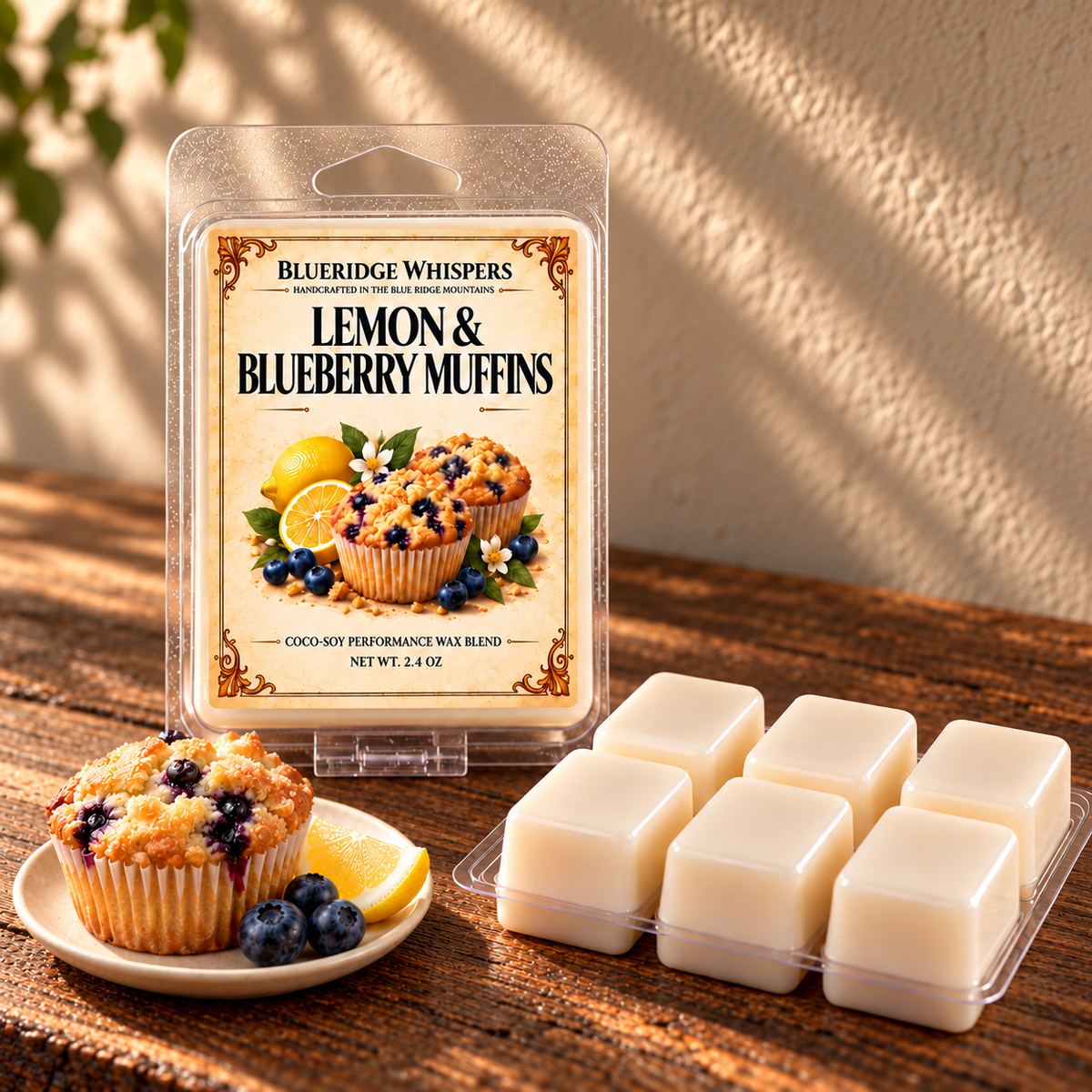 Lemon-Blueberry Muffin Soy Wax Melts on a dark rustic wooden table with scent accents in warm natural light.