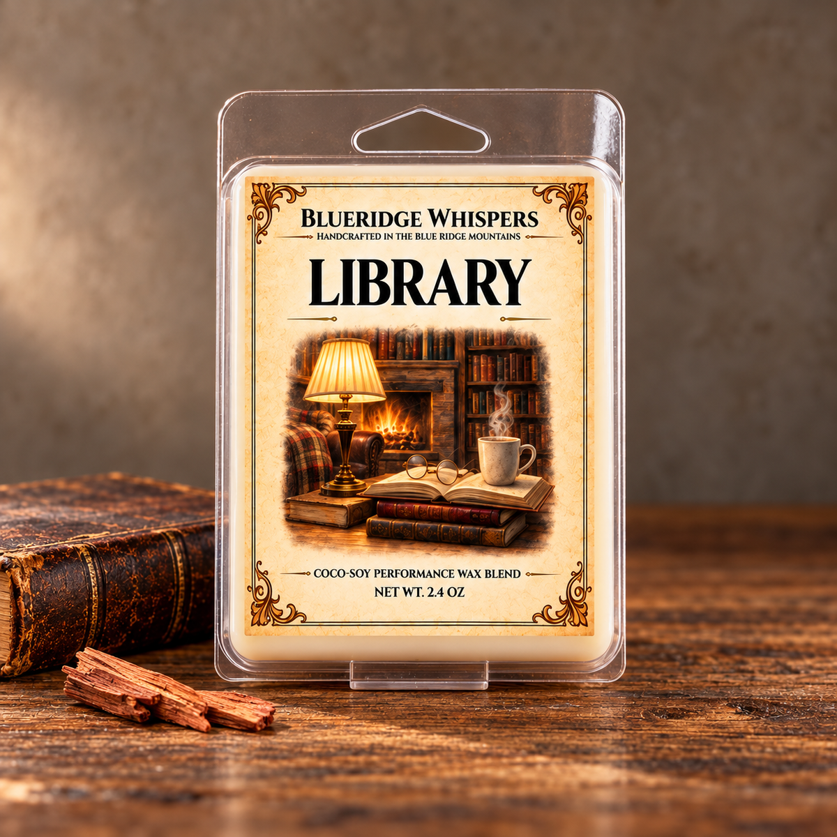 Library Wax Melts - Leather & Aged Paper Aromatic Home Fragrance on weathered wood against a neutral plaster wall with scent accents.