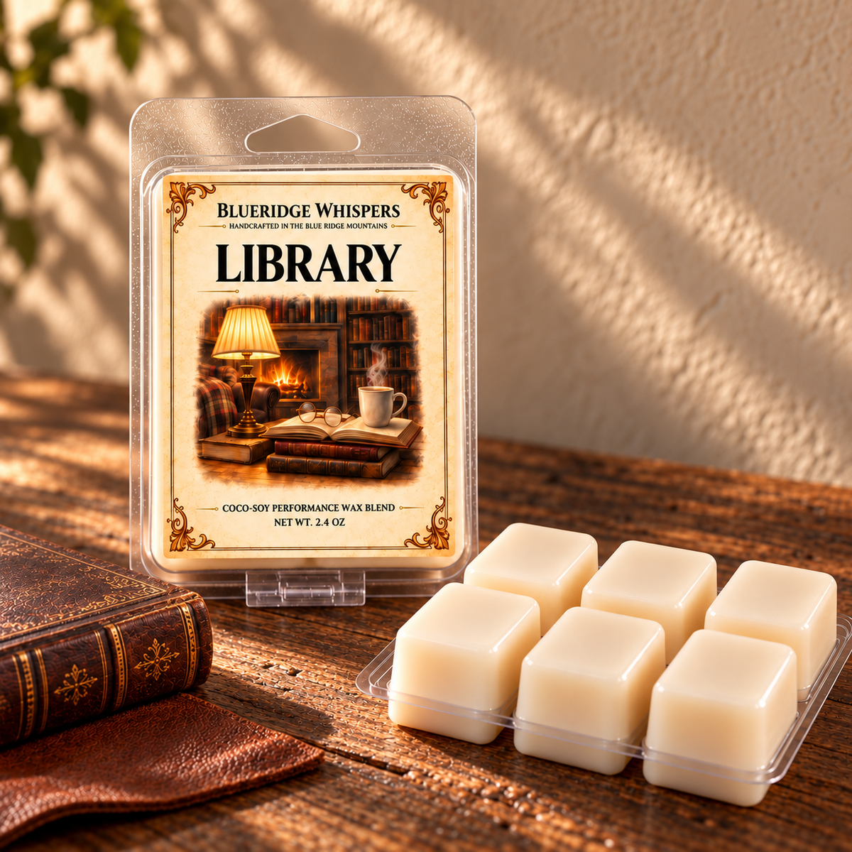Library Wax Melts - Leather & Aged Paper Aromatic Home Fragrance on a dark rustic wooden table with scent accents in warm natural light.