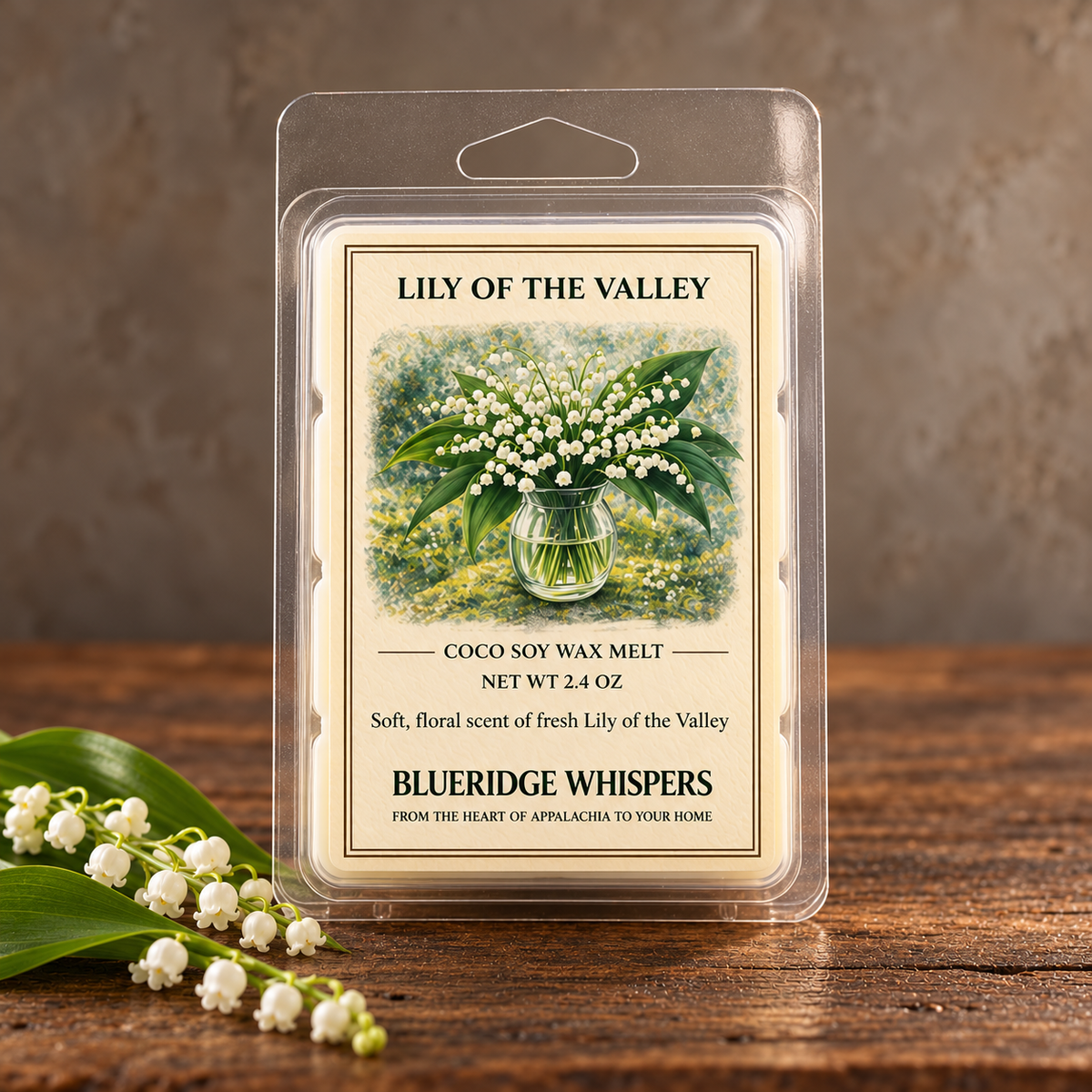 Lily of The Valley Wax Melts on weathered wood against a neutral plaster wall with scent accents.