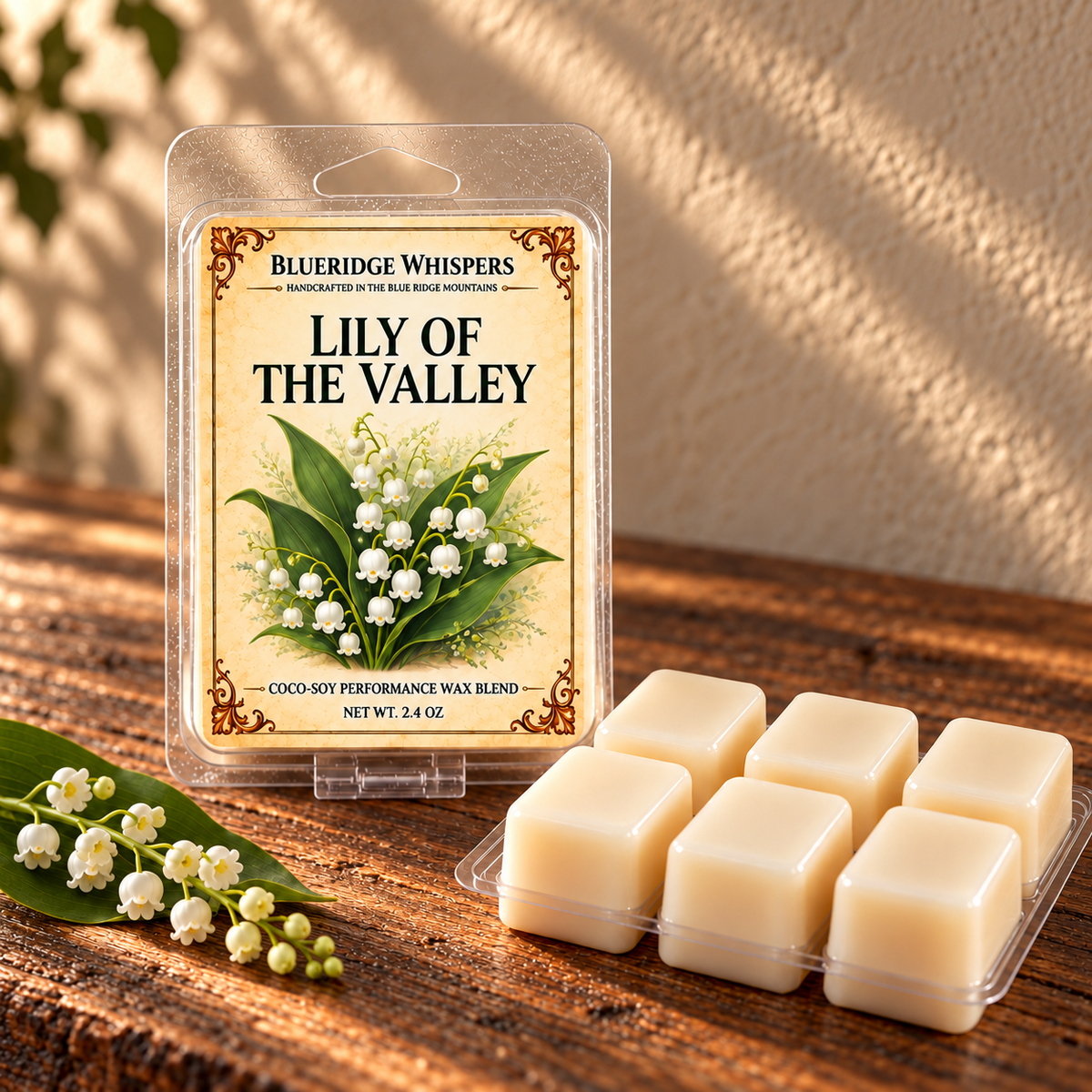 Lily of The Valley Wax Melts on a dark rustic wooden table with scent accents in warm natural light.
