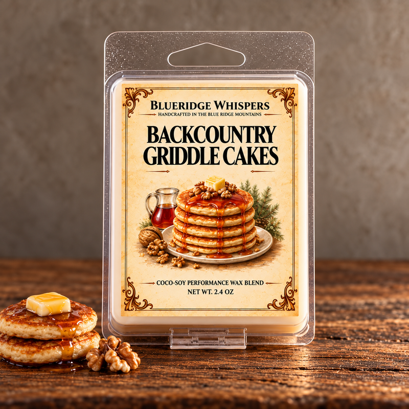 Backcountry Griddle Cakes Wax Melts on weathered wood against a neutral plaster wall with scent accents.