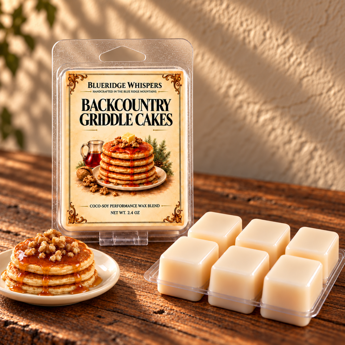 Backcountry Griddle Cakes on a dark rustic wooden table with scent accents in warm natural light.