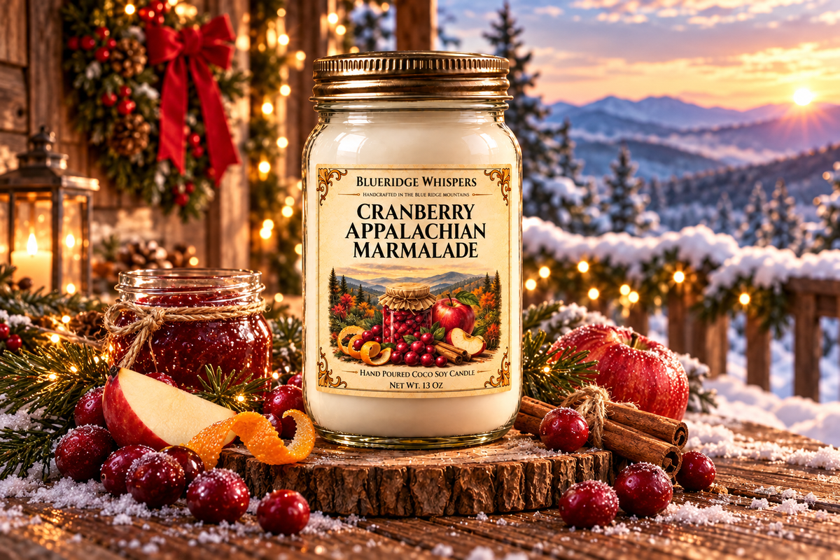 Cranberry Appalachian Marmalade candle in a festive winter Appalachian porch scene with snowy mountains.