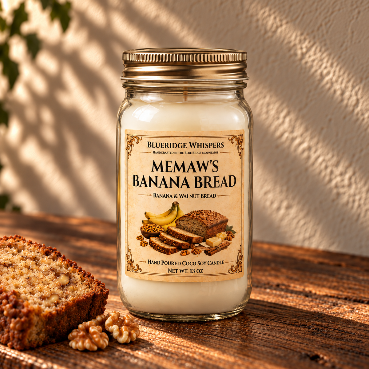 Memaw’s Banana Bread – Bakery Coco-Soy Candle on a dark rustic wooden table with scent accents in warm natural light.