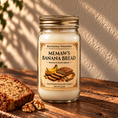 Memaw’s Banana Bread – Bakery Coco-Soy Candle on a dark rustic wooden table with scent accents in warm natural light.