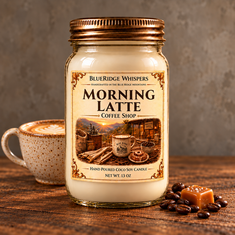 Morning Latte – Coffee Shop Coco-Soy Candle on weathered wood against a neutral plaster wall with scent accents.
