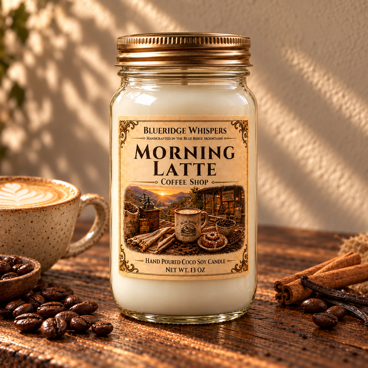 Morning Latte – Coffee Shop Coco-Soy Candle on a dark rustic wooden table with scent accents in warm natural light.