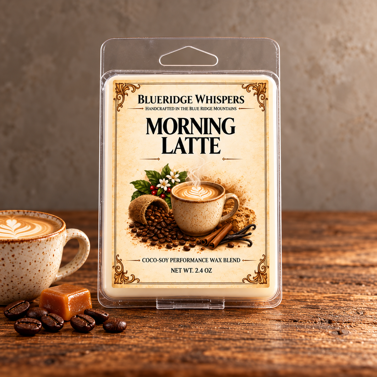 Morning Latte – Coffeehouse Wax Melts on weathered wood against a neutral plaster wall with scent accents.