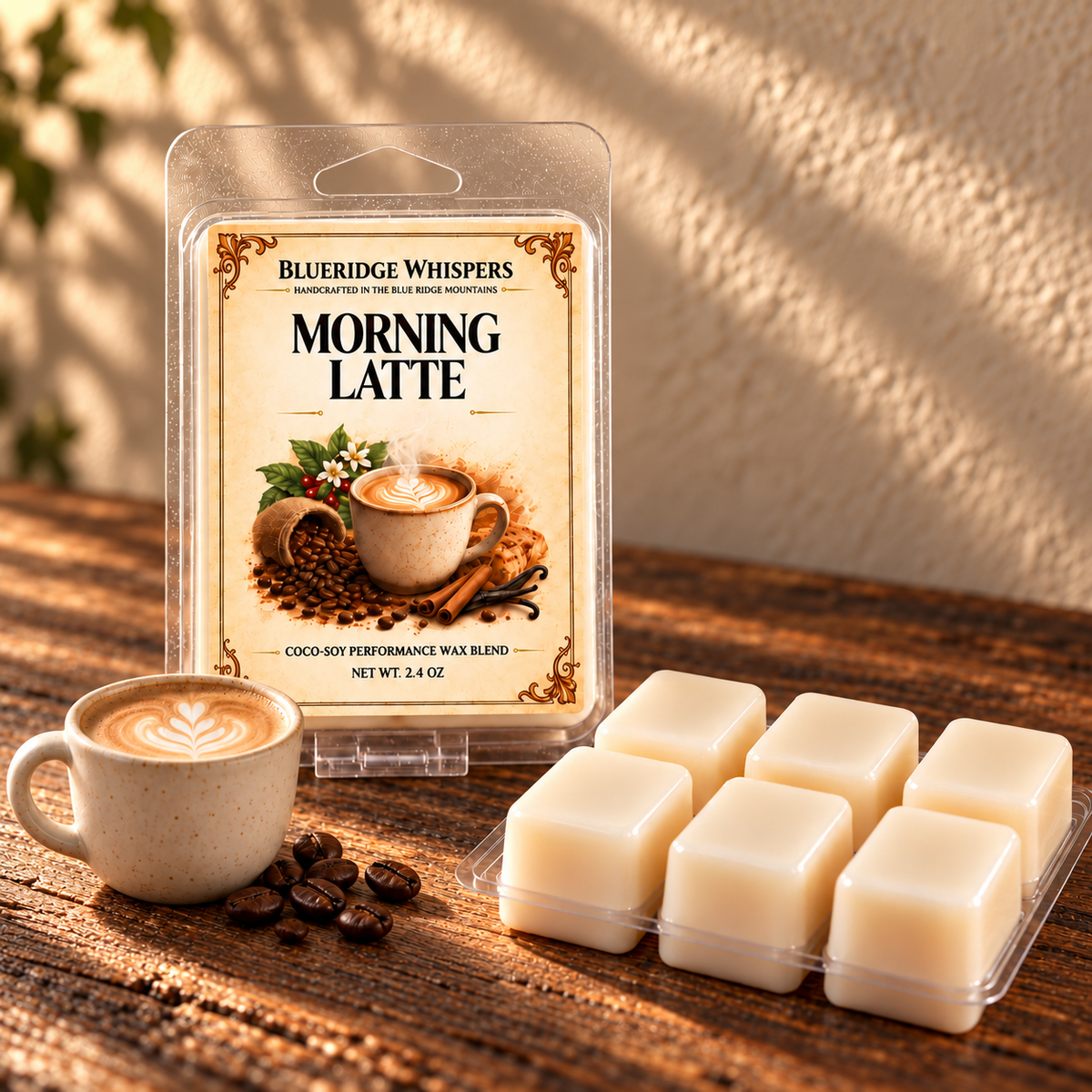 Morning Latte – Coffeehouse Wax Melts on a dark rustic wooden table with scent accents in warm natural light.