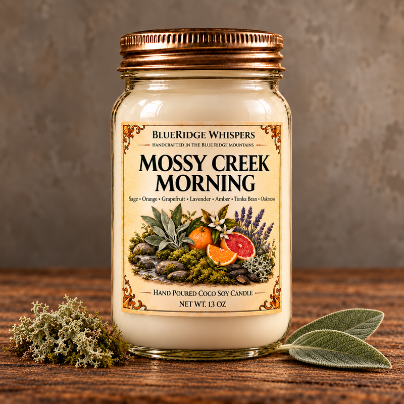 Mossy Creek Morning – Oakmoss & Sage Coco-Soy Candle on weathered wood against a neutral plaster wall with scent accents.