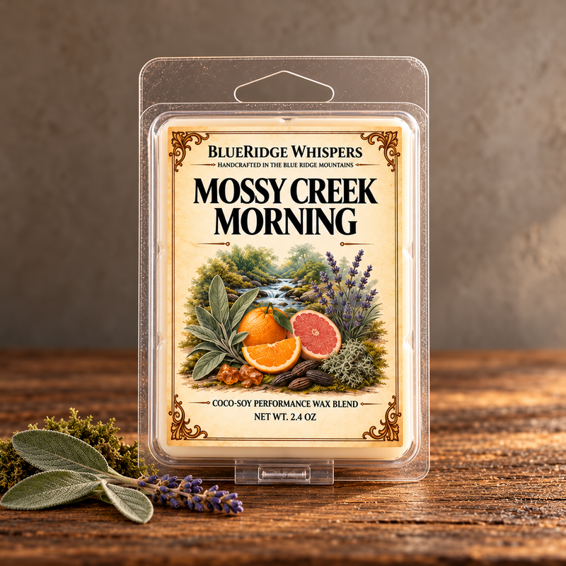 Mossy Creek Morning Wax Melts on weathered wood against a neutral plaster wall with scent accents.