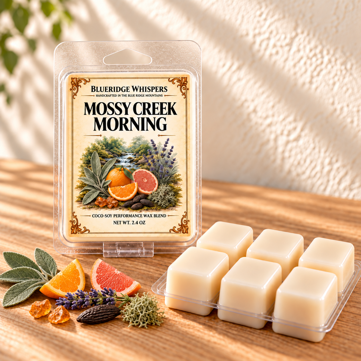 Mossy Creek Morning Wax Melts — minimal main photo with sage, citrus, lavender, amber, tonka and oakmoss