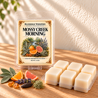 Mossy Creek Morning Wax Melts — minimal main photo with sage, citrus, lavender, amber, tonka and oakmoss