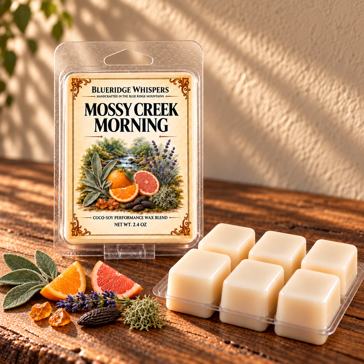 Mossy Creek Morning Wax Melts on a dark rustic wooden table with scent accents in warm natural light.