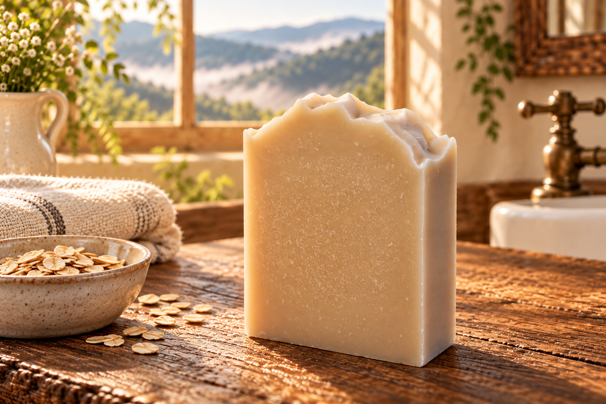 Mountain Milk goat milk and colloidal oatmeal soap on a rustic wooden counter in warm mountain morning light.