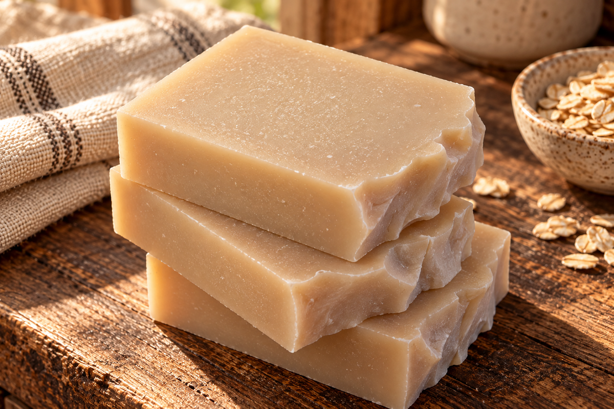 Close-up of stacked Mountain Milk soap bars showing natural creamy color and handmade texture. Sold individually.
