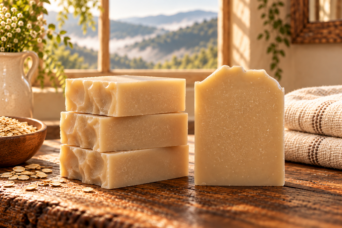 Mountain Milk goat milk soap bars stacked beside an upright bar on a rustic wooden counter. Sold individually.