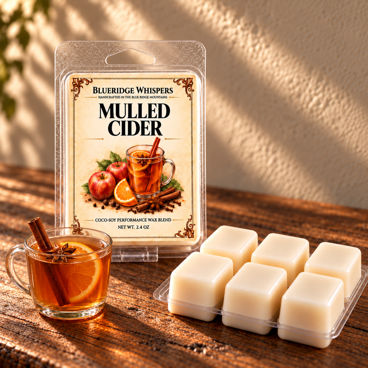 Mulled Cider Soy Wax Melts on a dark rustic wooden table with scent accents in warm natural light.