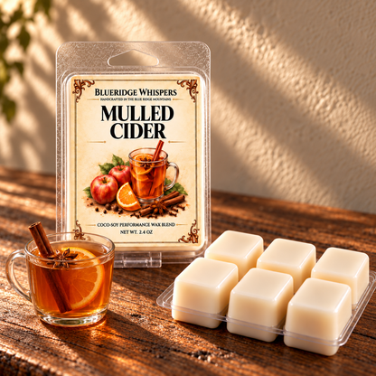 Mulled Cider Soy Wax Melts on a dark rustic wooden table with scent accents in warm natural light.