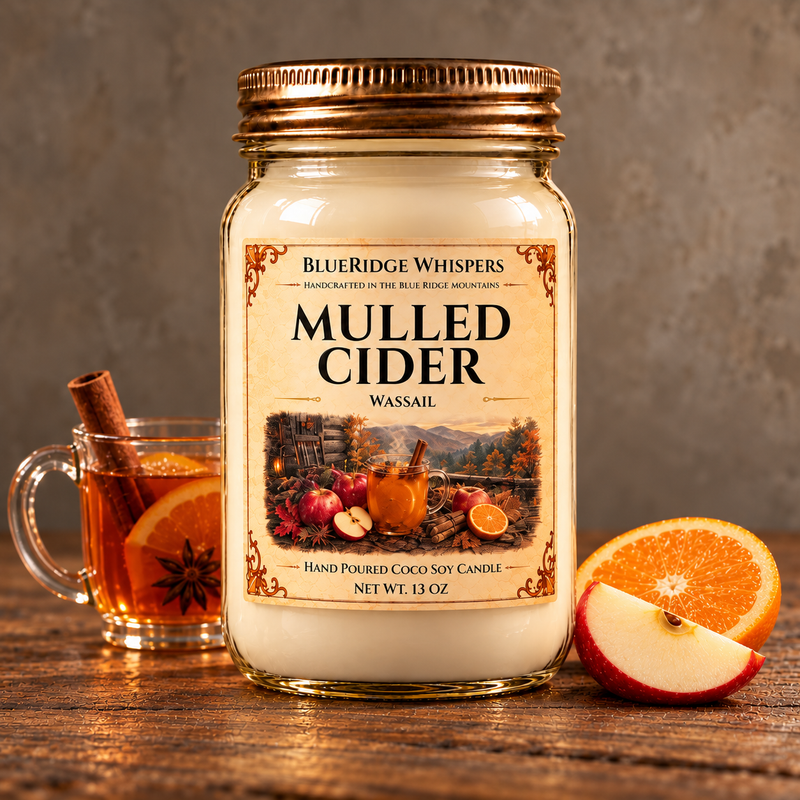 Mulled Cider – Wassail Coco-Soy Candle on weathered wood against a neutral plaster wall with scent accents.