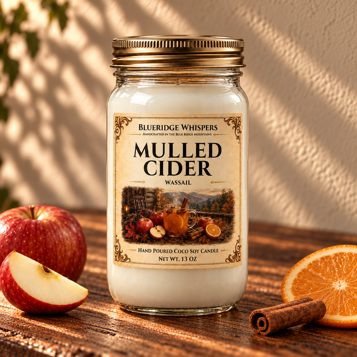 Mulled Cider – Wassail Coco-Soy Candle on a dark rustic wooden table with scent accents in warm natural light.