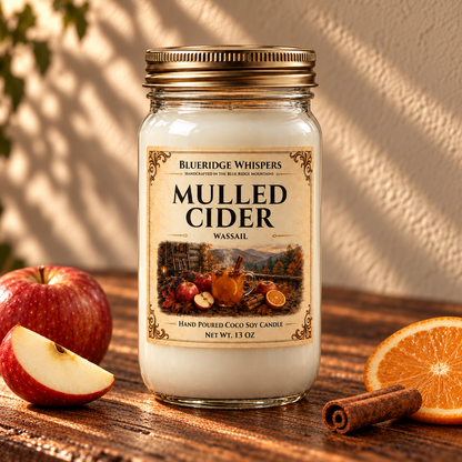 Mulled Cider – Wassail Coco-Soy Candle on a dark rustic wooden table with scent accents in warm natural light.