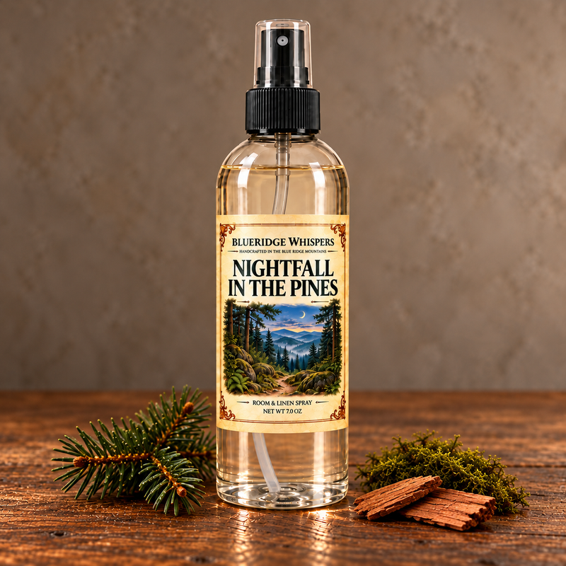Nightfall in the Pines Room & Fabric Spray in a neutral rustic indoor setting with scent accents