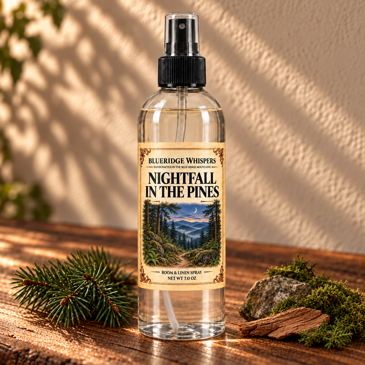 BlueRidge Whispers Nightfall in the Pines Room & Fabric Spray, 7 oz net weight, in a clear bottle with a black fine-mist sprayer and illustrated parchment label