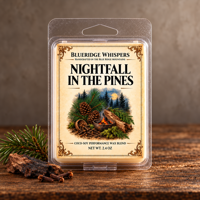 Nightfall In The Pines Wax Melts on weathered wood against a neutral plaster wall with scent accents.