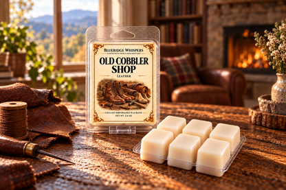 Old Cobbler Shop leather-scented coco-soy wax melts and six ivory cubes in a warm Appalachian cabin with mountain views.
