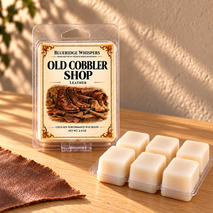 Old Cobbler Shop leather wax melts in a clear 2.4 oz clamshell with six ivory coco-soy cubes on a light wooden table.