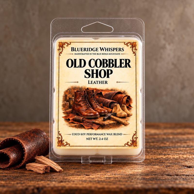 Old Cobbler Shop Wax Melts – Leather Scent in a rustic indoor setting with scent accents