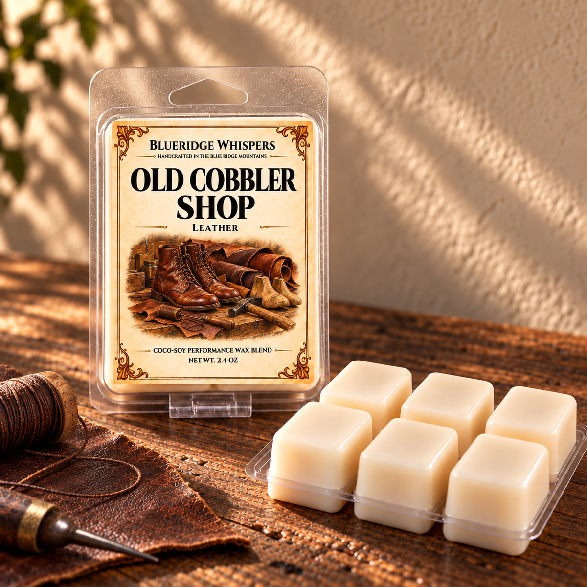 Old Cobbler Shop leather wax melts by BlueRidge Whispers, with a labeled 2.4 oz clamshell and six ivory cubes on a rustic wooden workbench.