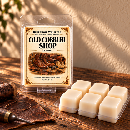 Old Cobbler Shop leather wax melts by BlueRidge Whispers, with a labeled 2.4 oz clamshell and six ivory cubes on a rustic wooden workbench.